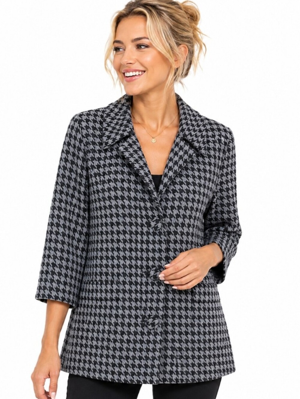 Womens Style& Co Houndstooth Gray/black Button 3/4 Length Jacket (Sz:18w)